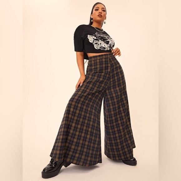 Super Wide Leg Pants Plaid High Waist SHEIN Navy & Tan Womens Size 4 - Picture 1 of 8